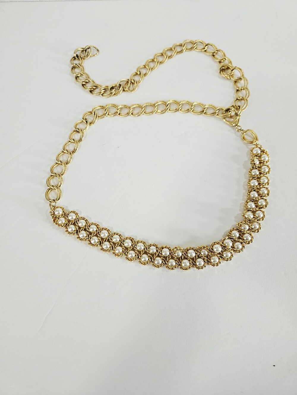 Vintage Gold Tone Double Row Faux Pearl Textured Twist Chain Linked Metal Belt